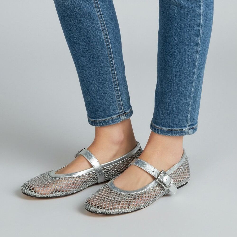 Alaia Paris Womens 6.5 Fishnet Mary Jane Flats Shoes Silver 37